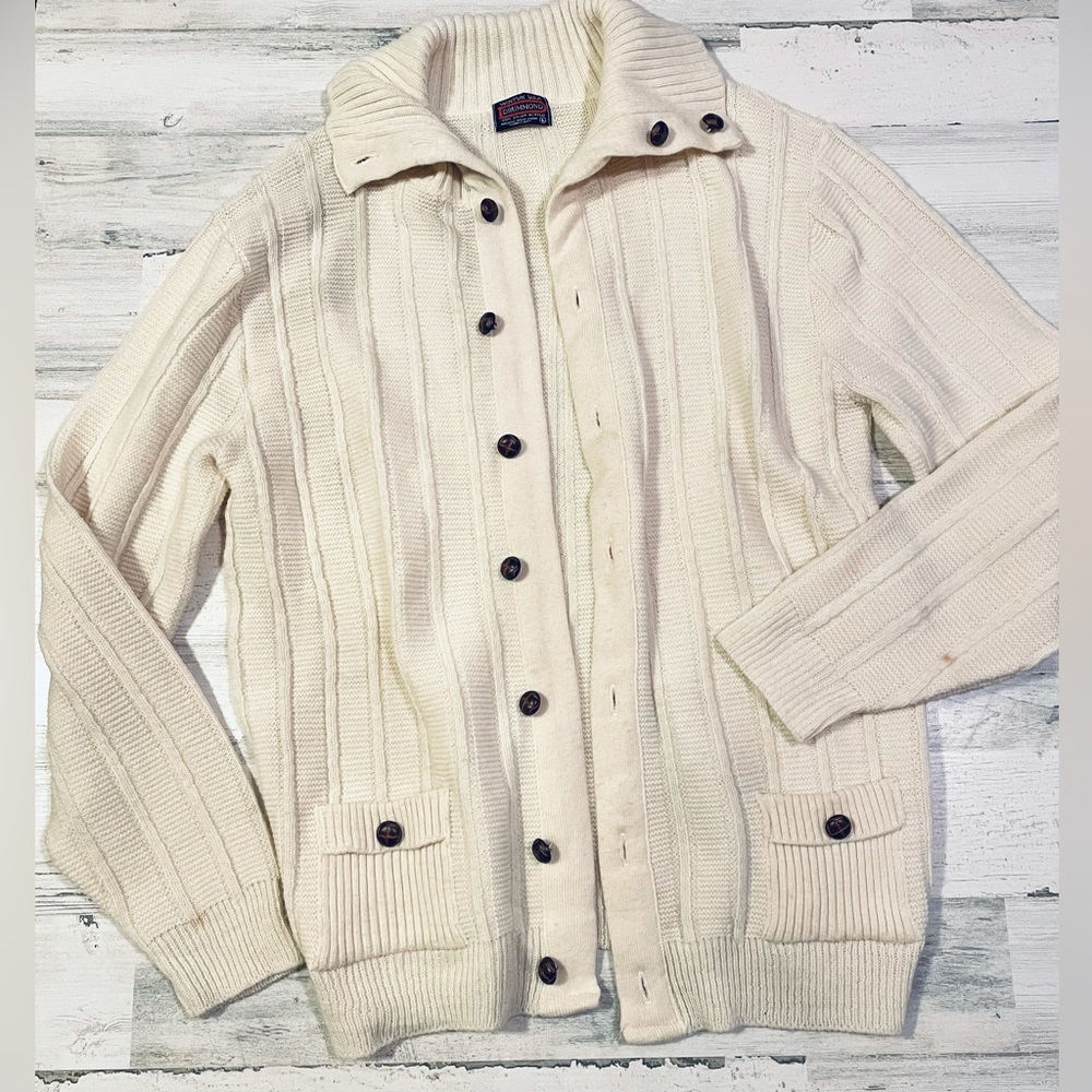 Vintage Wintuk Orlon Drummond Acrylic Cream Leather Button Grandma‎ Cardigan USA - Picture 3 of 10
